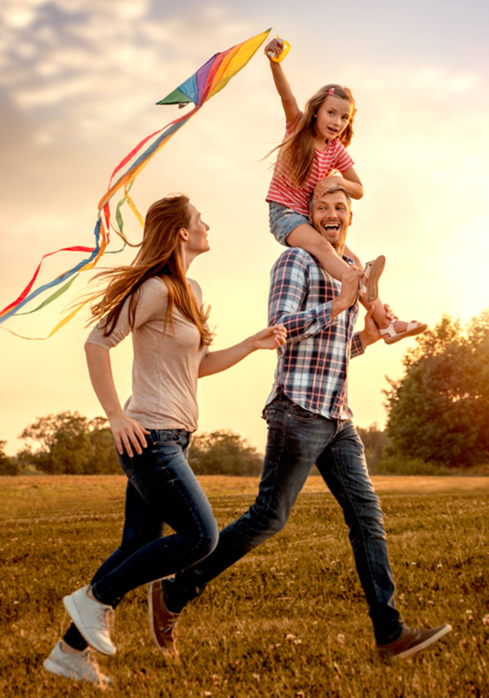  smiling family flying kite in sunset